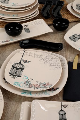Keramika Retro Desenli 24 Parça 6 Kişilik Stoneware Kahvaltı Takımı Beyaz