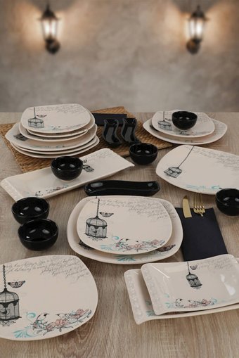 Keramika Retro Desenli 24 Parça 6 Kişilik Stoneware Kahvaltı Takımı Beyaz