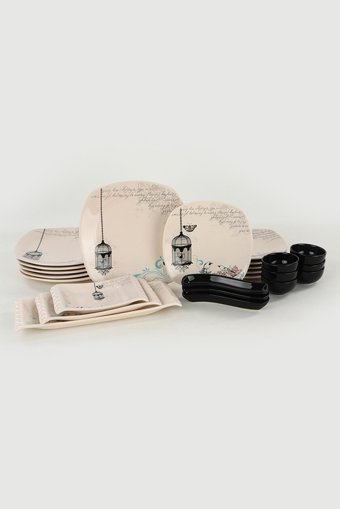 Keramika Retro Desenli 24 Parça 6 Kişilik Stoneware Kahvaltı Takımı Beyaz