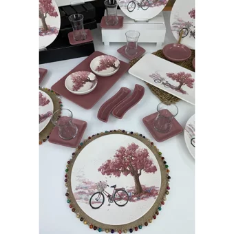 Keramika Bicycle Yuvarlak Desenli 27 Parça 6 Kişilik Seramik Kahvaltı Takımı Beyaz-Pembe