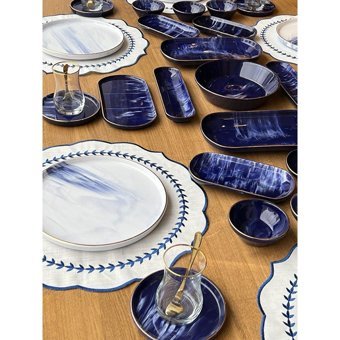 Rossev Blue Wind Desenli 47 Parça 6 Kişilik Stoneware Kahvaltı Takımı Beyaz-Lacivert