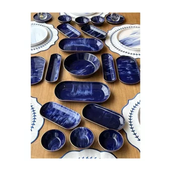 Rossev Blue Wind Desenli 47 Parça 6 Kişilik Stoneware Kahvaltı Takımı Beyaz-Lacivert