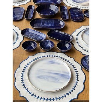 Rossev Blue Wind Desenli 47 Parça 6 Kişilik Stoneware Kahvaltı Takımı Beyaz-Lacivert
