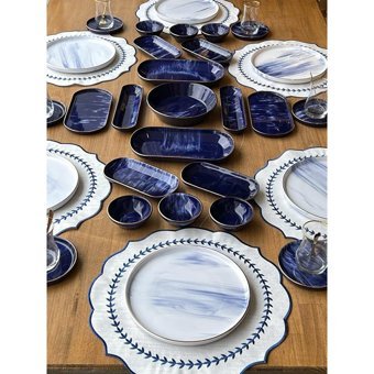Rossev Blue Wind Desenli 47 Parça 6 Kişilik Stoneware Kahvaltı Takımı Beyaz-Lacivert