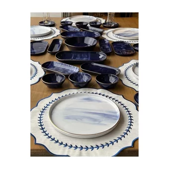 Rossev Blue Wind Desenli 47 Parça 6 Kişilik Stoneware Kahvaltı Takımı Beyaz-Lacivert