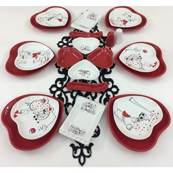 Keramika Kalp Peri Masalı Kalp Desenli 22 Parça 6 Kişilik Seramik Kahvaltı Takımı Beyaz-Kırmızı