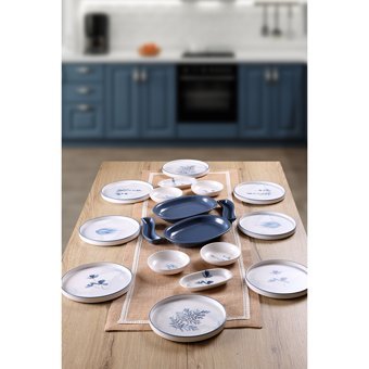 Keramika Blue Magic Yuvarlak Desenli 18 Parça 8 Kişilik Seramik Kahvaltı Takımı Beyaz-Mavi