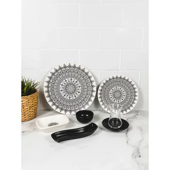 Byz Home Desenli Yuvarlak Desenli 19 Parça 4 Kişilik Stoneware Kahvaltı Takımı Siyah