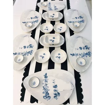 Keramika Blue Magic Oval Desenli 20 Parça 6 Kişilik Seramik Kahvaltı Takımı Beyaz