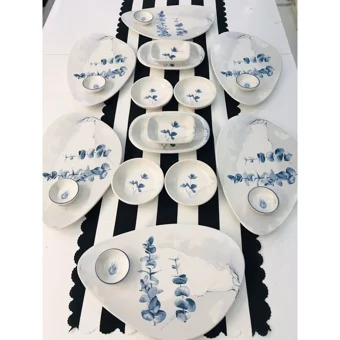 Keramika Blue Magic Oval Desenli 20 Parça 6 Kişilik Seramik Kahvaltı Takımı Beyaz