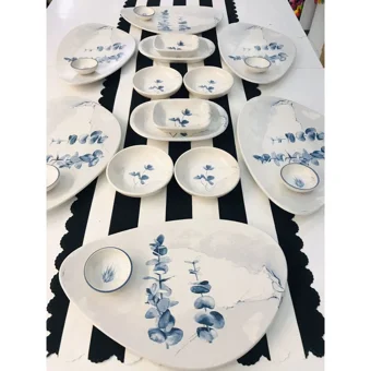 Keramika Blue Magic Oval Desenli 20 Parça 6 Kişilik Seramik Kahvaltı Takımı Beyaz