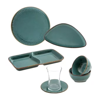 Jumbo Terracota Blue Yuvarlak 25 Parça 6 Kişilik Porselen Kahvaltı Takımı Mavi