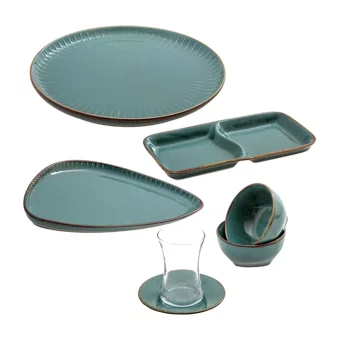 Jumbo Terracota Blue Yuvarlak 25 Parça 6 Kişilik Porselen Kahvaltı Takımı Mavi