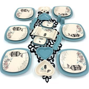 Keramika Retro Desenli 26 Parça 6 Kişilik Seramik Kahvaltı Takımı Beyaz-Turkuaz