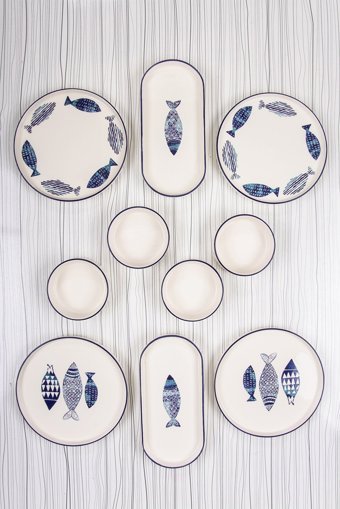 Mukko Home Balık Desenli 10 Parça 4 Kişilik Seramik Kahvaltı Takımı Mavi