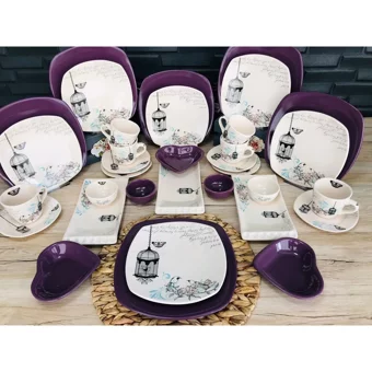 Keramika Retro Kalp-Kare Desenli 34 Parça 6 Kişilik Seramik Kahvaltı Takımı Beyaz-Mor