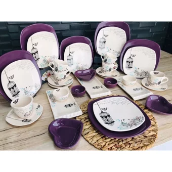 Keramika Retro Kalp-Kare Desenli 34 Parça 6 Kişilik Seramik Kahvaltı Takımı Beyaz-Mor