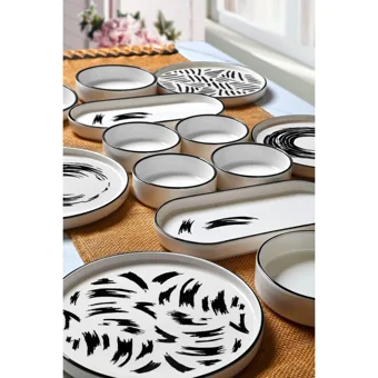 Kitchen Life Brush Desenli 14 Parça 6 Kişilik Seramik Kahvaltı Takımı Beyaz-Siyah