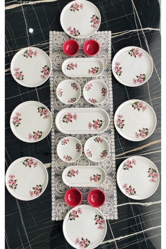 Venüs Home Decoratıon Kar Çiçeği Desenli 19 Parça 8 Kişilik Seramik Kahvaltı Takımı Fuşya
