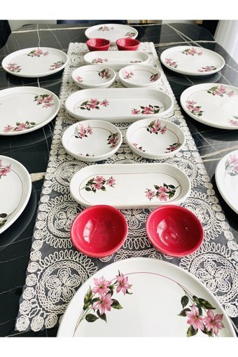 Venüs Home Decoratıon Kar Çiçeği Desenli 19 Parça 8 Kişilik Seramik Kahvaltı Takımı Fuşya