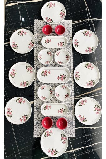 Venüs Home Decoratıon Kar Çiçeği Desenli 19 Parça 8 Kişilik Seramik Kahvaltı Takımı Fuşya