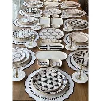 Rossev Feza Taj Desenli 90 Parça 12 Kişilik Stoneware Kahvaltı Takımı Beyaz-Siyah