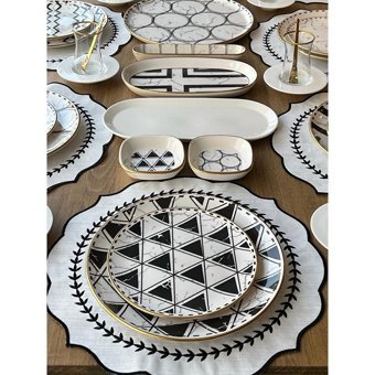 Rossev Feza Taj Desenli 90 Parça 12 Kişilik Stoneware Kahvaltı Takımı Beyaz-Siyah
