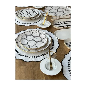 Rossev Feza Taj Desenli 90 Parça 12 Kişilik Stoneware Kahvaltı Takımı Beyaz-Siyah
