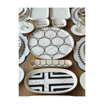 Rossev Feza Taj Desenli 90 Parça 12 Kişilik Stoneware Kahvaltı Takımı Beyaz-Siyah