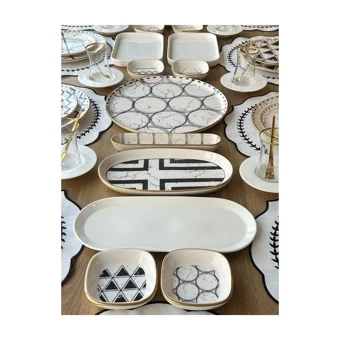 Rossev Feza Taj Desenli 90 Parça 12 Kişilik Stoneware Kahvaltı Takımı Beyaz-Siyah