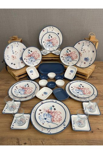 Keramika Blue Flowers 202222902 Desenli 37 Parça 6 Kişilik Seramik Kahvaltı Takımı Çok Renkli