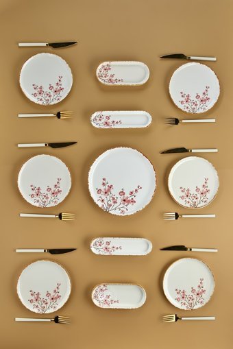 Alina Home Sakura Yuvarlak Desenli 11 Parça 6 Kişilik Seramik Kahvaltı Takımı Pembe