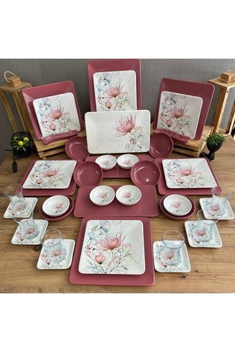 Classhouse Çiçek Kare Desenli 41 Parça 6 Kişilik Stoneware Kahvaltı Takımı Pembe