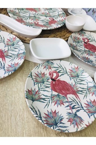 Gulhanıle Flamingo Yuvarlak Desenli 27 Parça 6 Kişilik Seramik Kahvaltı Takımı Çok Renkli