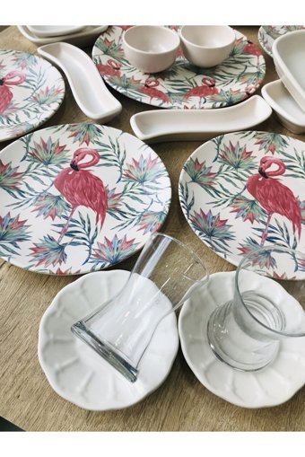 Gulhanıle Flamingo Yuvarlak Desenli 27 Parça 6 Kişilik Seramik Kahvaltı Takımı Çok Renkli