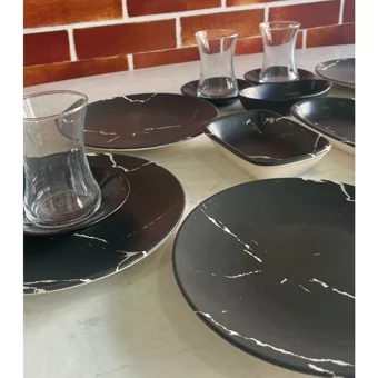 Keramika Mermer Yuvarlak Desenli 23 Parça 6 Kişilik Seramik Kahvaltı Takımı Beyaz-Siyah