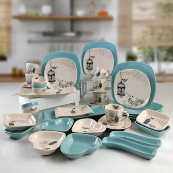 Keramika Retro Desenli 43 Parça 6 Kişilik Seramik Kahvaltı Takımı Beyaz-Mavi