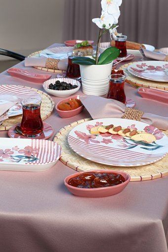 Keramika Pink Line Desenli 28 Parça 6 Kişilik Seramik Kahvaltı Takımı Çok Renkli
