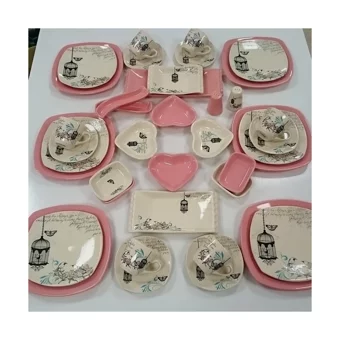 Keramika Retro Desenli 39 Parça 6 Kişilik Seramik Kahvaltı Takımı Beyaz-Pembe