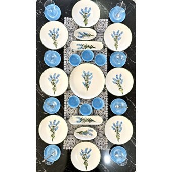 Venüs Home Decoratıon Sümbul Desenli 27 Parça 8 Kişilik Seramik Kahvaltı Takımı Turkuaz