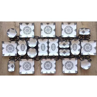 Venüs Home Decoratıon Kilim Desenli 20 Parça 8 Kişilik Seramik Kahvaltı Takımı Siyah