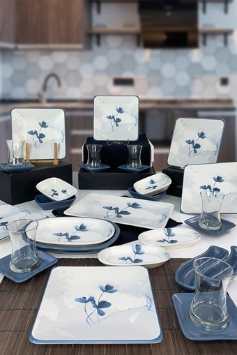 Keramika Blue Magic Kare Desenli 29 Parça 6 Kişilik Seramik Kahvaltı Takımı Beyaz-Mavi