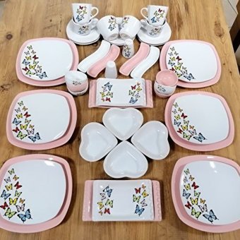 Keramika Kelebek Desenli 44 Parça 6 Kişilik Seramik Kahvaltı Takımı Beyaz-Pembe