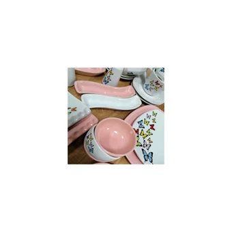 Keramika Kelebek Desenli 44 Parça 6 Kişilik Seramik Kahvaltı Takımı Beyaz-Pembe