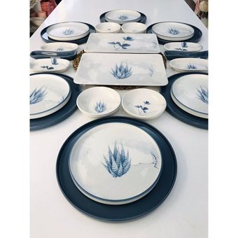 Keramika Blue Magic Kare-Yuvarlak Desenli 24 Parça 6 Kişilik Seramik Kahvaltı Takımı Beyaz-Mavi