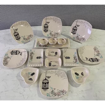Keramika Retro Kalp-Kare Desenli 16 Parça 6 Kişilik Seramik Kahvaltı Takımı Beyaz