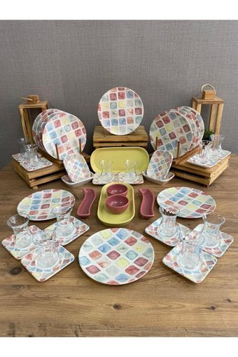 Demet Çeyiz Colors Yuvarlak Desenli 46 Parça 12 Kişilik Stoneware Kahvaltı Takımı Çok Renkli