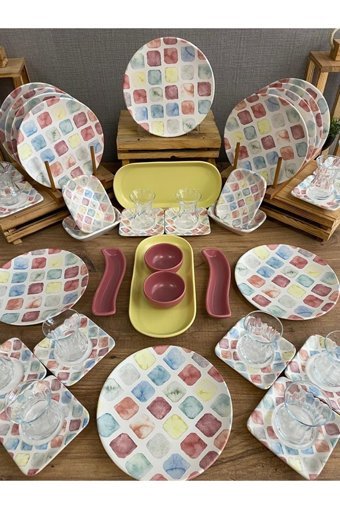 Demet Çeyiz Colors Yuvarlak Desenli 46 Parça 12 Kişilik Stoneware Kahvaltı Takımı Çok Renkli