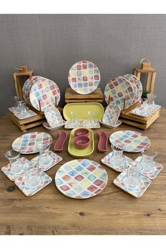 Demet Çeyiz Colors Yuvarlak Desenli 46 Parça 12 Kişilik Stoneware Kahvaltı Takımı Çok Renkli