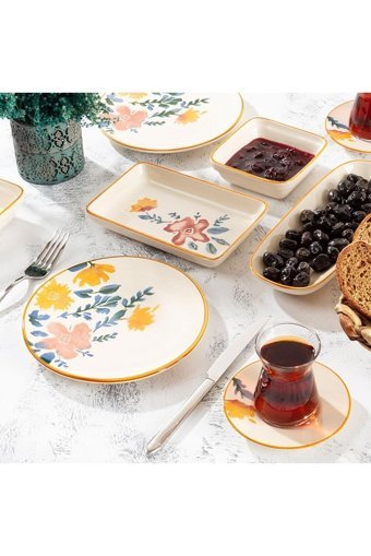 Bernardo Violet Yuvarlak Desenli 24 Parça 6 Kişilik Stoneware Kahvaltı Takımı Beyaz